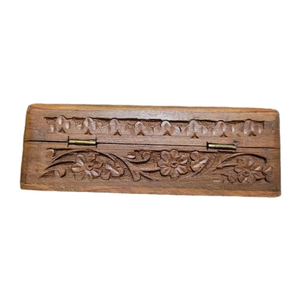 VTG PIER 1 IMPORTS HAND CARVED WOOD Jewelry Trinket Box Blue interior 5x7 Y2K